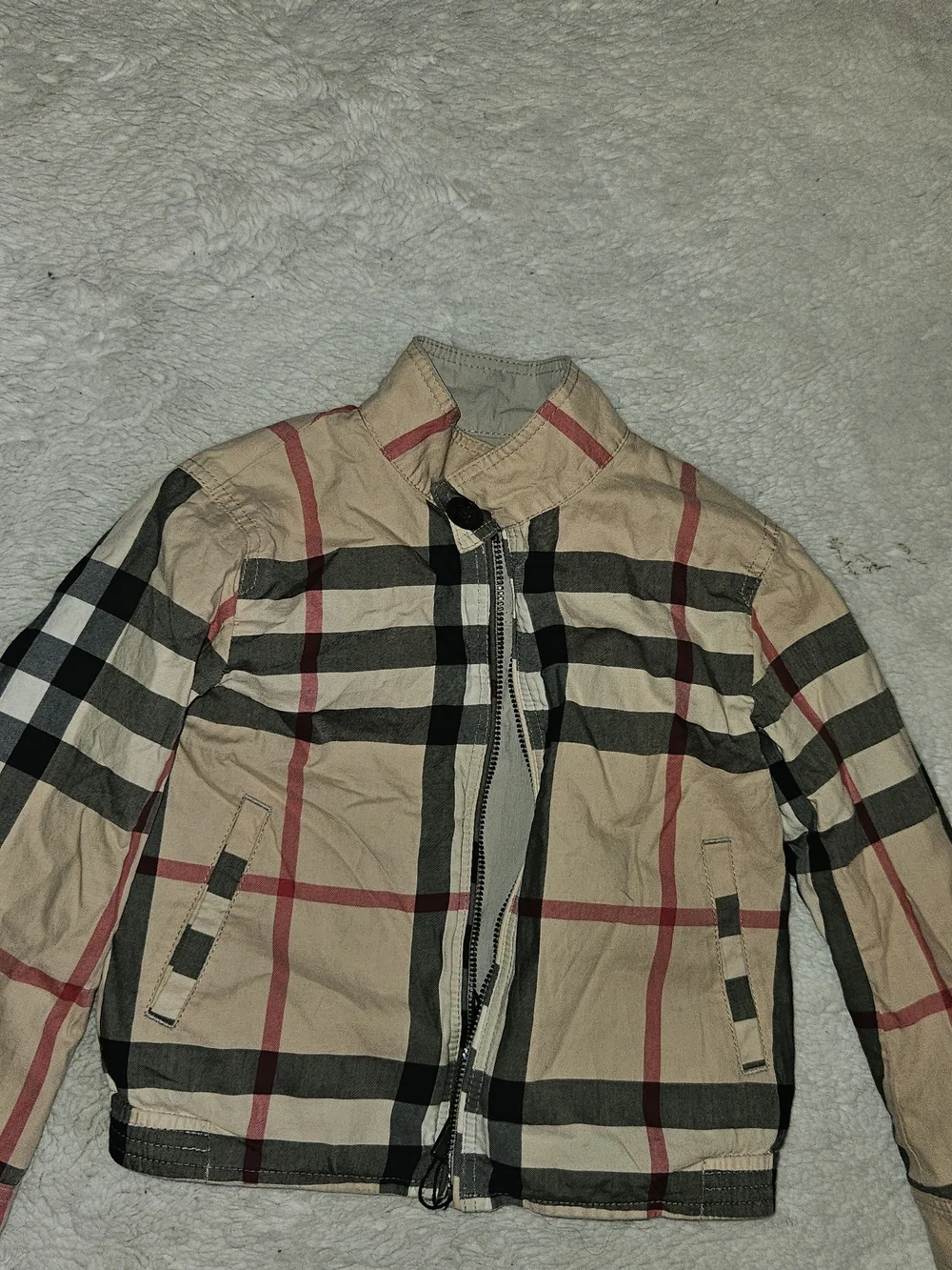 Beige Kids Lightweight Jacket with Tartan Trim